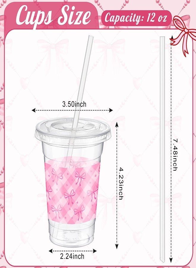 Jingmore 48 Sets Valentine Bow Cups Bulk, 12 oz Coquette Plastic Cups with Lids and Straws Disposable Bow Theme Party Decoration for Valentine Bridal Bachelorette Wedding Party Supplies (Pink) - Image 3